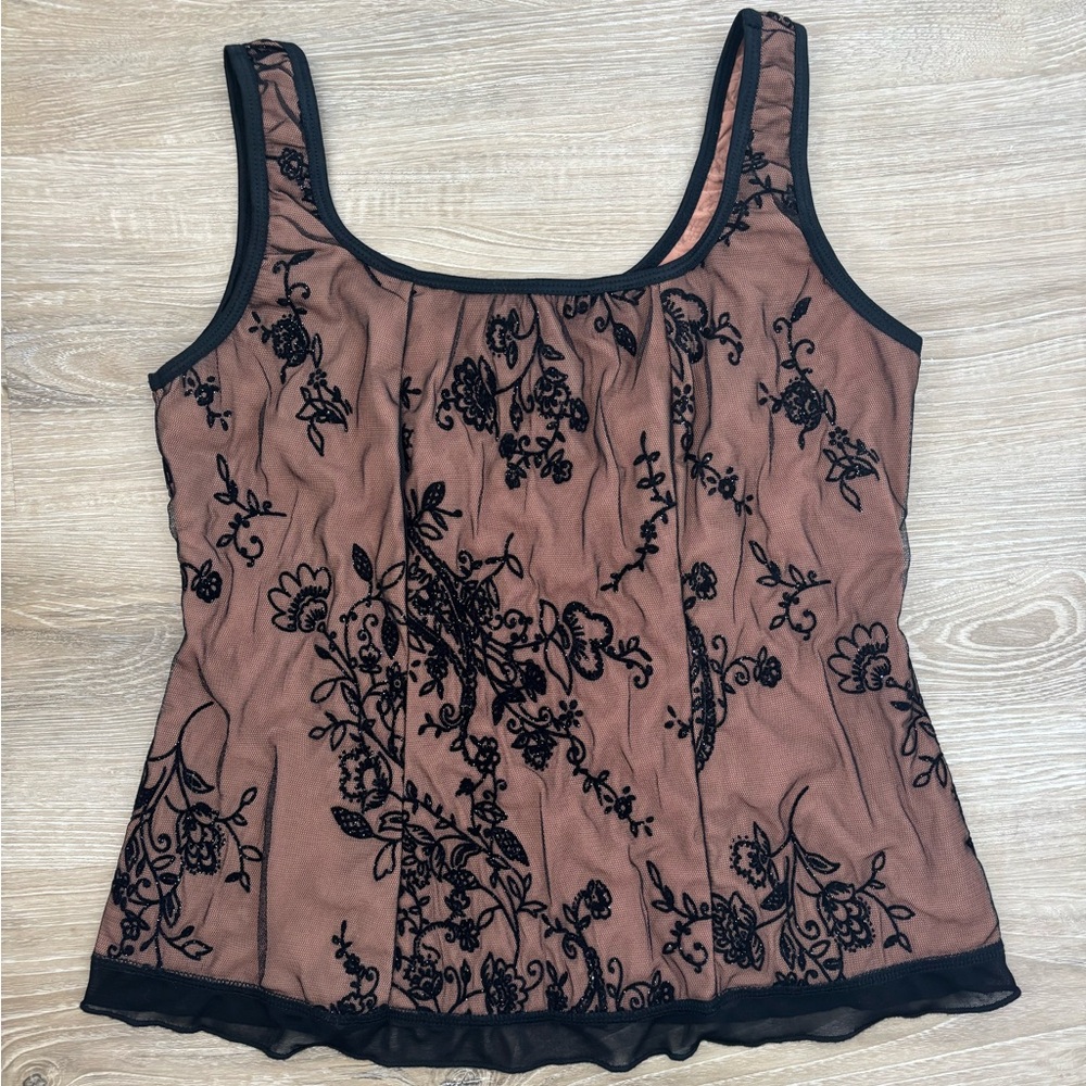 Vintage J.T.B. Floral Lace Velvet Mesh Overlay Tank Sleeveless Top Y2K